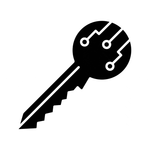 a black and white silhouette of a key with a circuit board in the center .