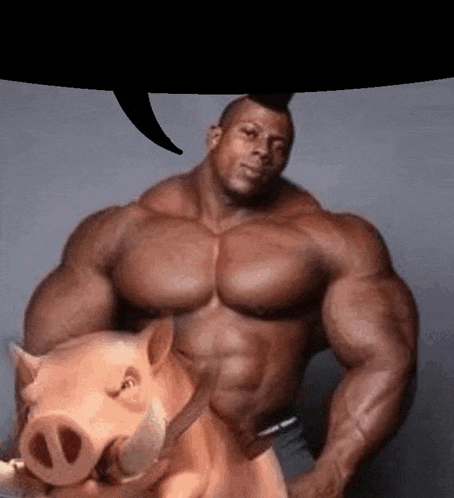 a very muscular man is riding a pig .