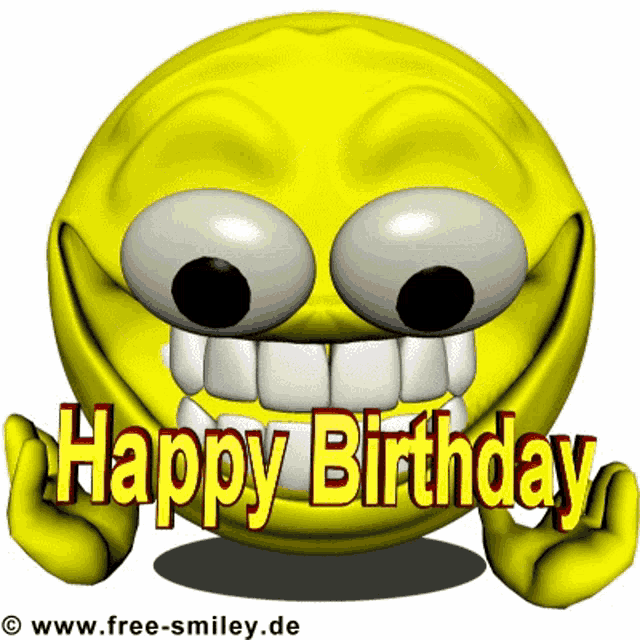 a smiley face says happy birthday with a white background