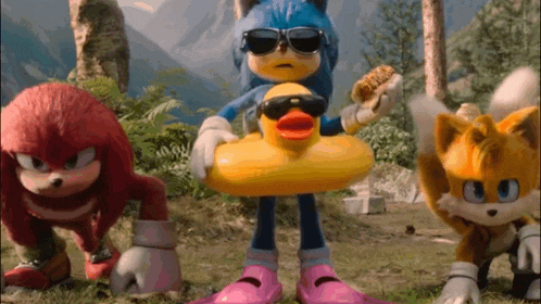 sonic the hedgehog is wearing sunglasses and holding a rubber duck in his hands .