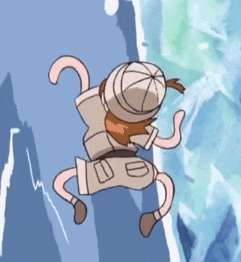 a cartoon character is jumping off a cliff while wearing a hat .