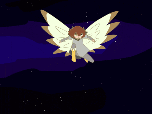 a cartoon drawing of a person with wings flying in the night sky