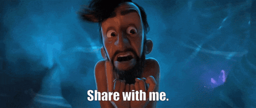 a man with a beard says share with me in a blue background