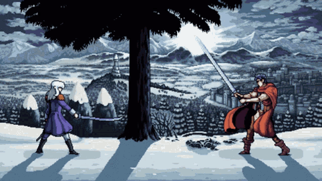 a pixel art drawing of two men fighting with swords in the snow