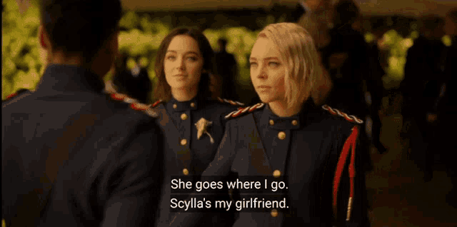 two women in military uniforms are talking to each other and one of them says she goes where i go