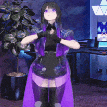 a girl with purple hair is standing in front of a computer monitor