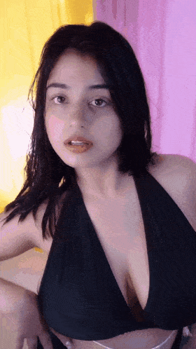 the woman is wearing a black bikini top with a plunging neckline .