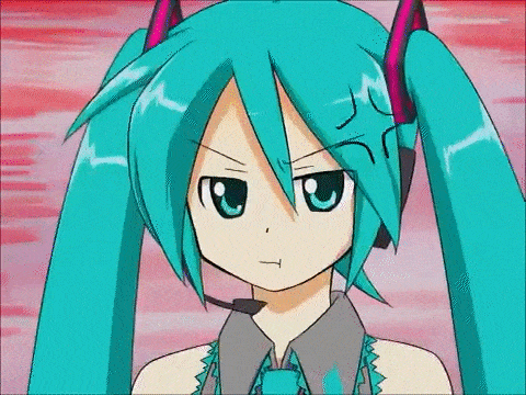 a close up of a cartoon character with blue hair and a microphone on her head .