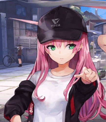 a girl with pink hair is wearing a baseball cap that says vica