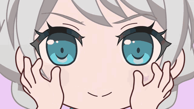 a girl with gray hair and blue eyes is making a face