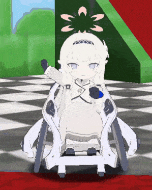 a cartoon character is sitting in a wheelchair with a flower on her head