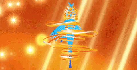 a blue object is surrounded by orange and yellow ribbons .