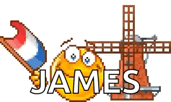 a pixel art of a windmill and a smiley face with the name james on it