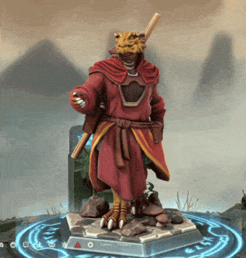 a statue of a man in a red robe is surrounded by a blue circle that says terms and privacy