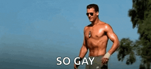 a shirtless man is standing next to a volleyball and says `` so gay '' .
