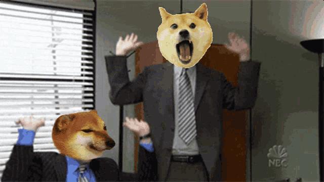 a man in a suit and tie with a dog 's head on his head