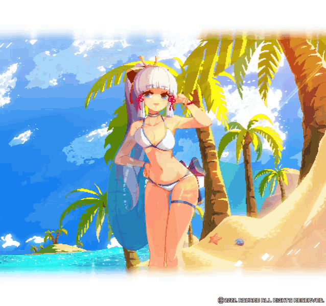 a pixel art illustration of a girl in a bikini on a beach