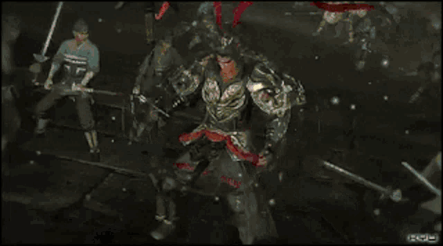 a video game screen shows a warrior with a red ribbon around his neck
