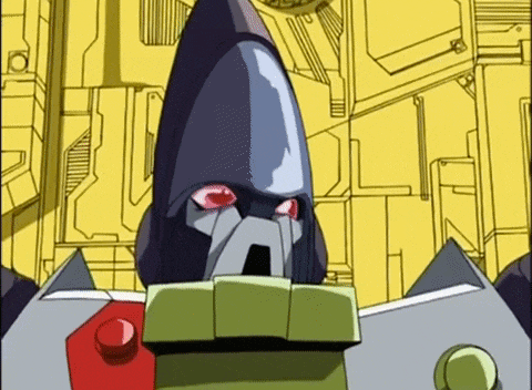 a cartoon of a robot with red eyes standing in front of a yellow building .