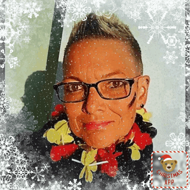 a woman wearing glasses is surrounded by snowflakes and a christmas app logo