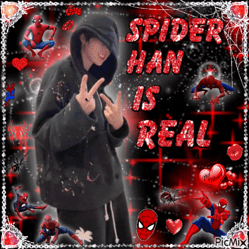 a picture of spider man with the words spider han is real in red letters