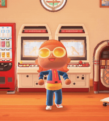a video game character is standing in front of a jukebox and a vending machine that says ' arcade ' on it