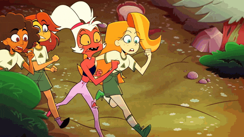 a group of cartoon characters are running in a field