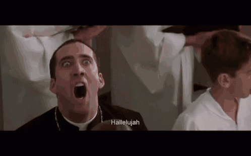 a priest with his mouth open and the word hallelujah on the bottom right
