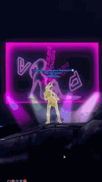 a video game screen shows a woman dancing in front of a neon sign that says " highest nightmare "