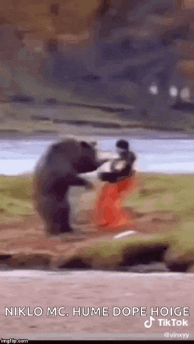 a bear is standing on its hind legs next to a person in a red dress .