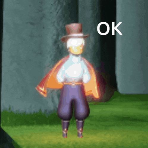 a cartoon character wearing a top hat and a cape is standing in the grass with the word ok above him