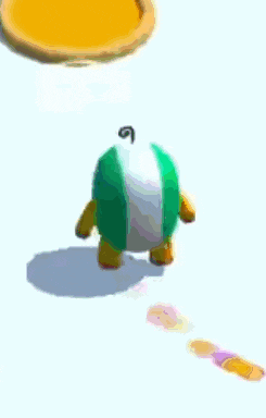 a green cartoon character is standing next to a pie on a white surface .