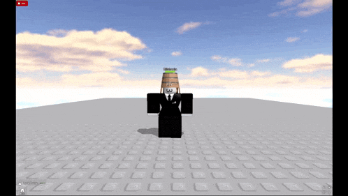 a roblox character with a barrel on his head is standing on a white tiled floor