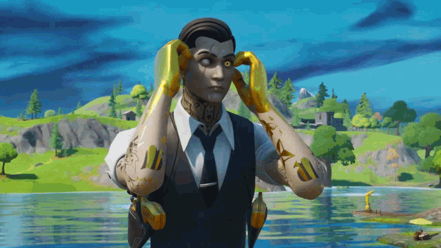 a man in a suit and tie is holding his hands to his ears