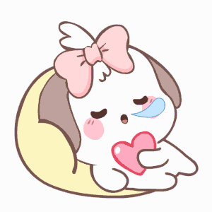 a cartoon character with a pink bow is holding a pink heart