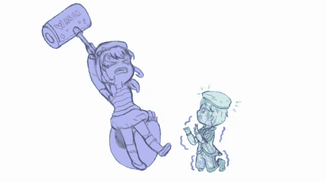 a drawing of a fairy holding a hammer next to a log