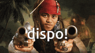 a man in a pirates of the caribbean costume is pointing two guns at the camera with the word disposo written below him