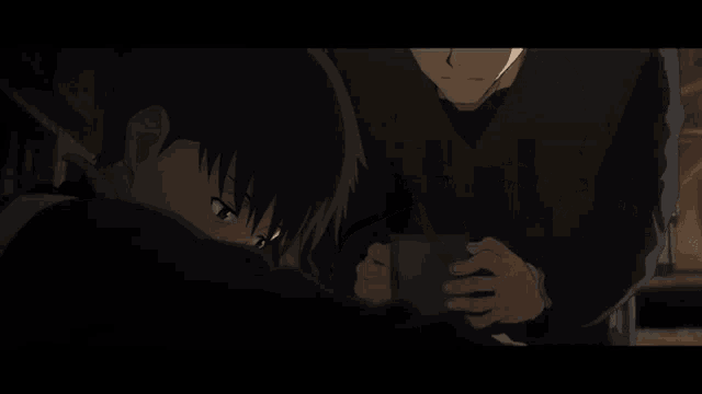 two anime characters are looking at each other and one has glasses on