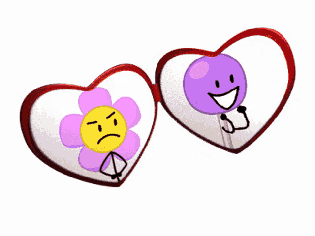 two hearts with a flower and a purple balloon in them