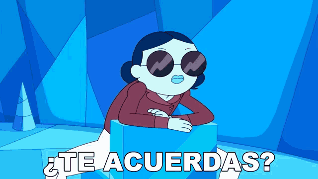 a cartoon character is sitting on a block of ice with the words te acuerdas below her