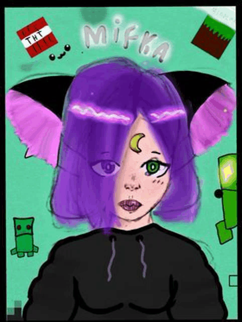 a drawing of a girl with purple hair and the name mifka on the bottom