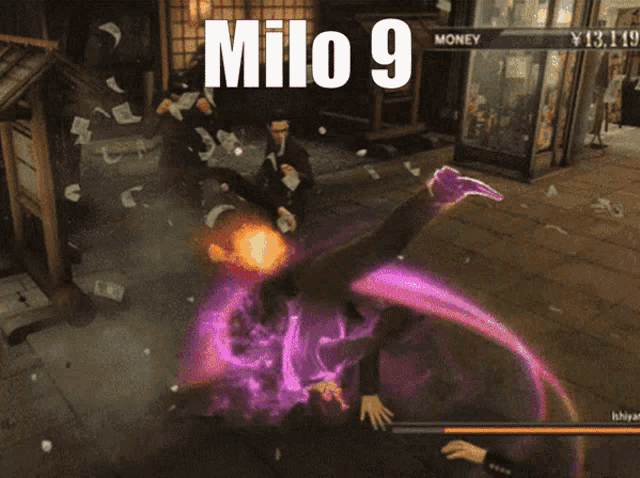 a video game with milo 9 written on the bottom