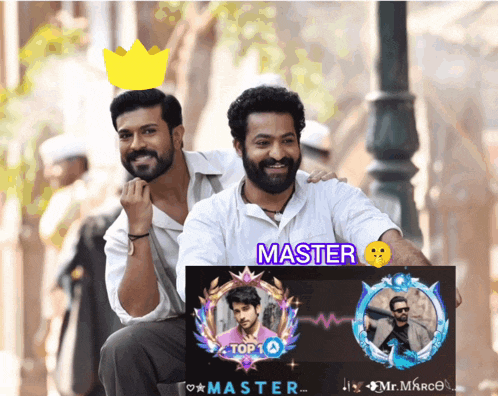 two men are sitting next to each other with master written on a poster