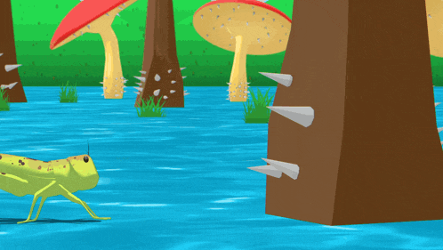 a cartoon drawing of a grasshopper standing next to a tree