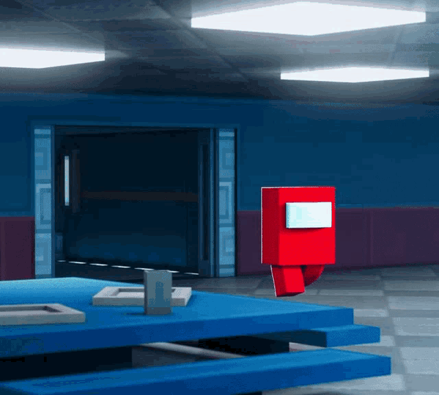 a red among us character is standing in a blue room
