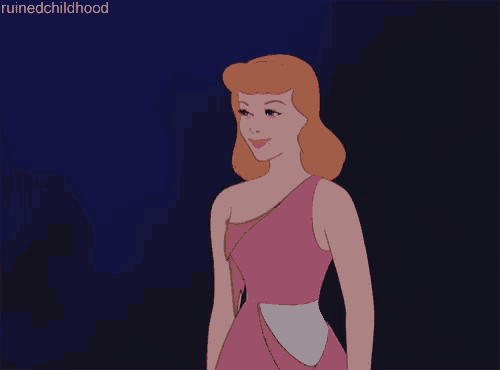 a cartoon of cinderella wearing a pink one shoulder dress