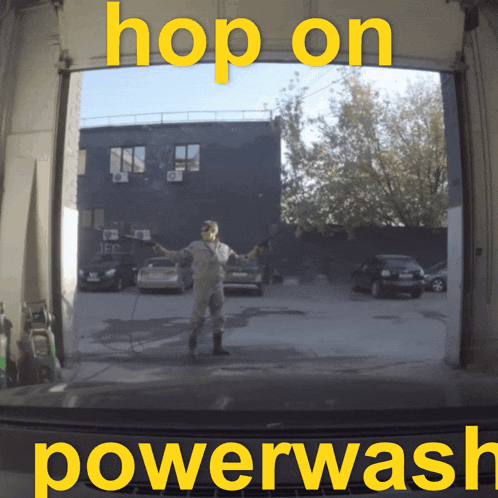 a picture of a man washing a car with the words hop on powerwash below him