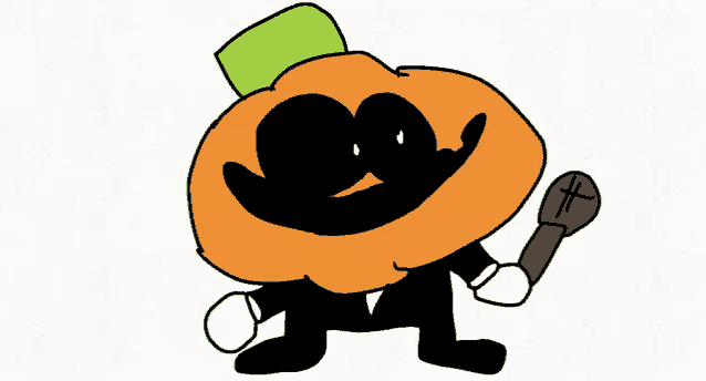 a cartoon of a pumpkin holding a microphone