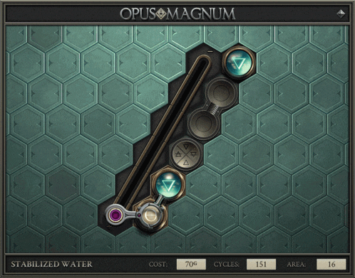 a screenshot of opus magnum showing the cost of stabilized water and cycles