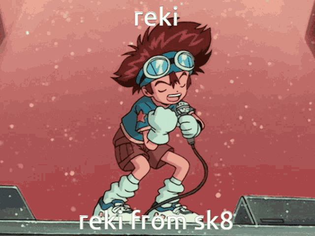 a cartoon of a boy singing into a microphone with the words " reki from sk8 " above him